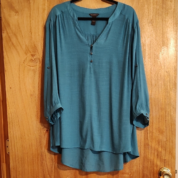 Bit & Bridle Tops - Bit & Bridle Womens Flowy Popover Blouse Teal Convertible ¾-Sleeves High-Low 3X